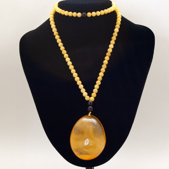 Baltic Amber Beaded Necklace Large Pendant, Boho Long Statement Necklace - Picture 1 of 3